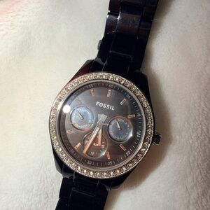 Fossil Black Watch with Crystal Bezel and Rose Gold Accents